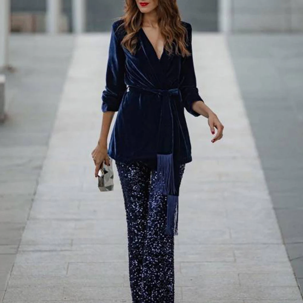 معطف نسائي ذهبي مخملي بشرابة كاجوال فضفاض مناسب للخريف والشتاء وطية صدر السترة برباط للحفلات ملابس خارجية على الطراز الأوروبي الأمريكي #4