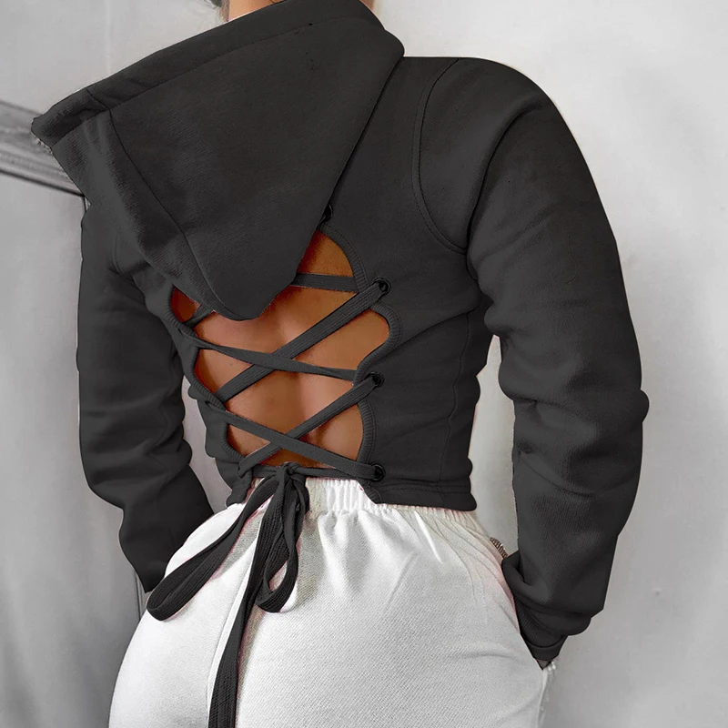 Pink Black Harajuku Hoodie Tops 2024 Sexy Cross Bandage Tie Up Backless Sweatshirt Women Autumn Long Sleeve Pullover Crop Tops