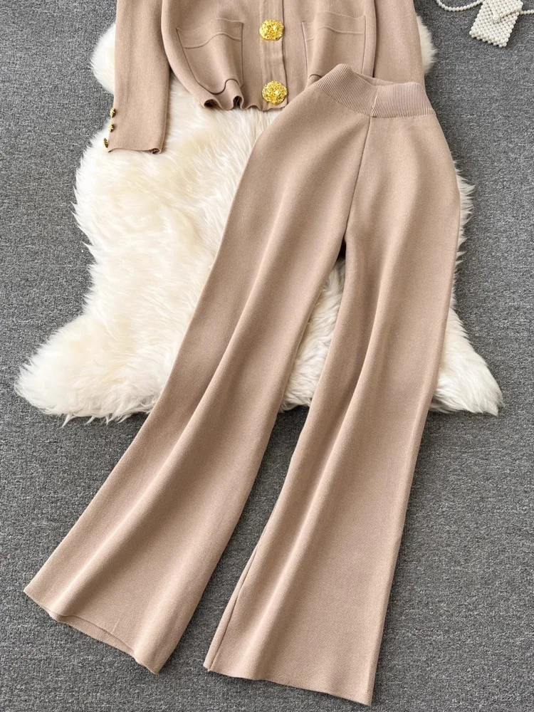 Autumn Winter New Long Sleeve Sweater Two Piece Set Women Metal Big Button Knitted Cardigan Tops Wide Leg Pants Suits Female