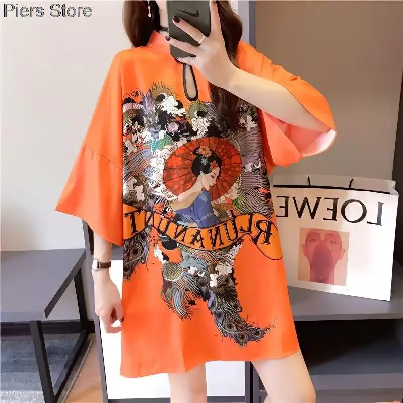 

Summer Chinese Stand Collar T-shirt Women Vintage Style Print Long Tshirts Female Short Sleeve Oversized Orange Tee Top Loose