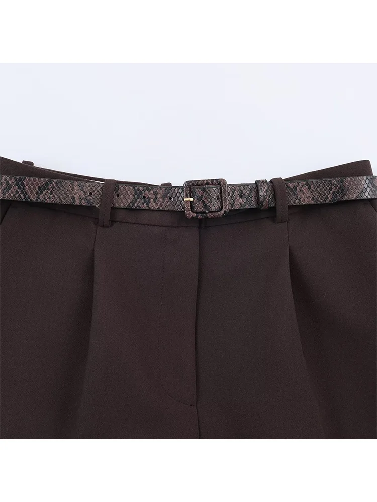 

HH Women Summer New Fashion Versatile Medium Pants Female High Waist Zipper Commuting Pockets With Belt Knee-length Solid Shorts