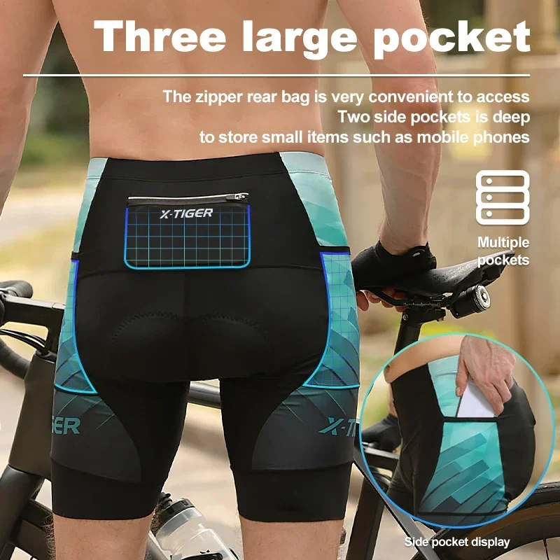 X-TIGER Cycling Shorts Lake Green Bike Tights 5D Gel Padded Pro Bicycle Shorts Breathable Man MTB Shorts With Pocket