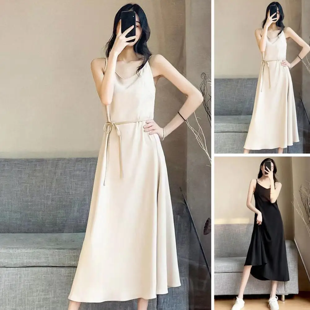 

Women Dress Stylish Women's Lace-up Waist Sundress Loose Fit A-line Silhouette Big Hem Midi Slip Dress for Strappy Look Solid