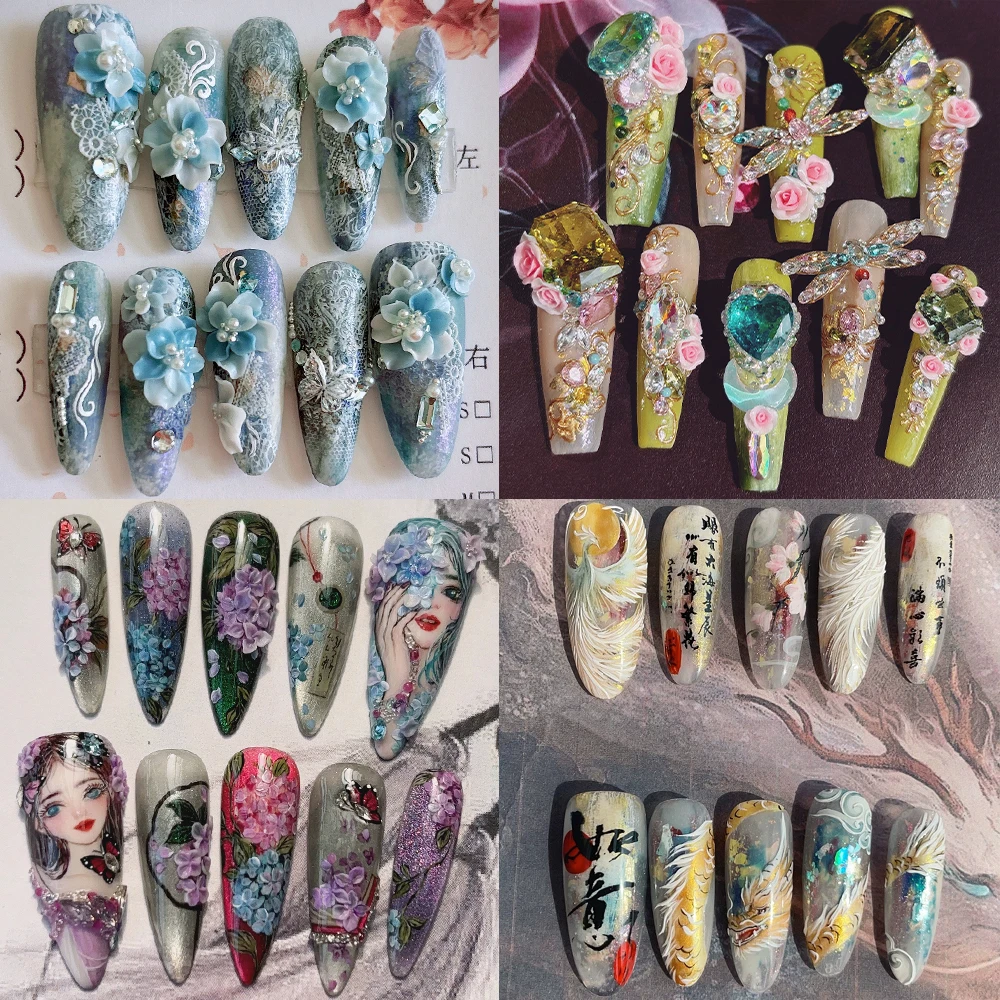 

National Style Long Coffin Ellipse Handmade Full Cover Nails 3D Flowers Rhinestone Hand Drawn Pattern Wearable Press On Nail