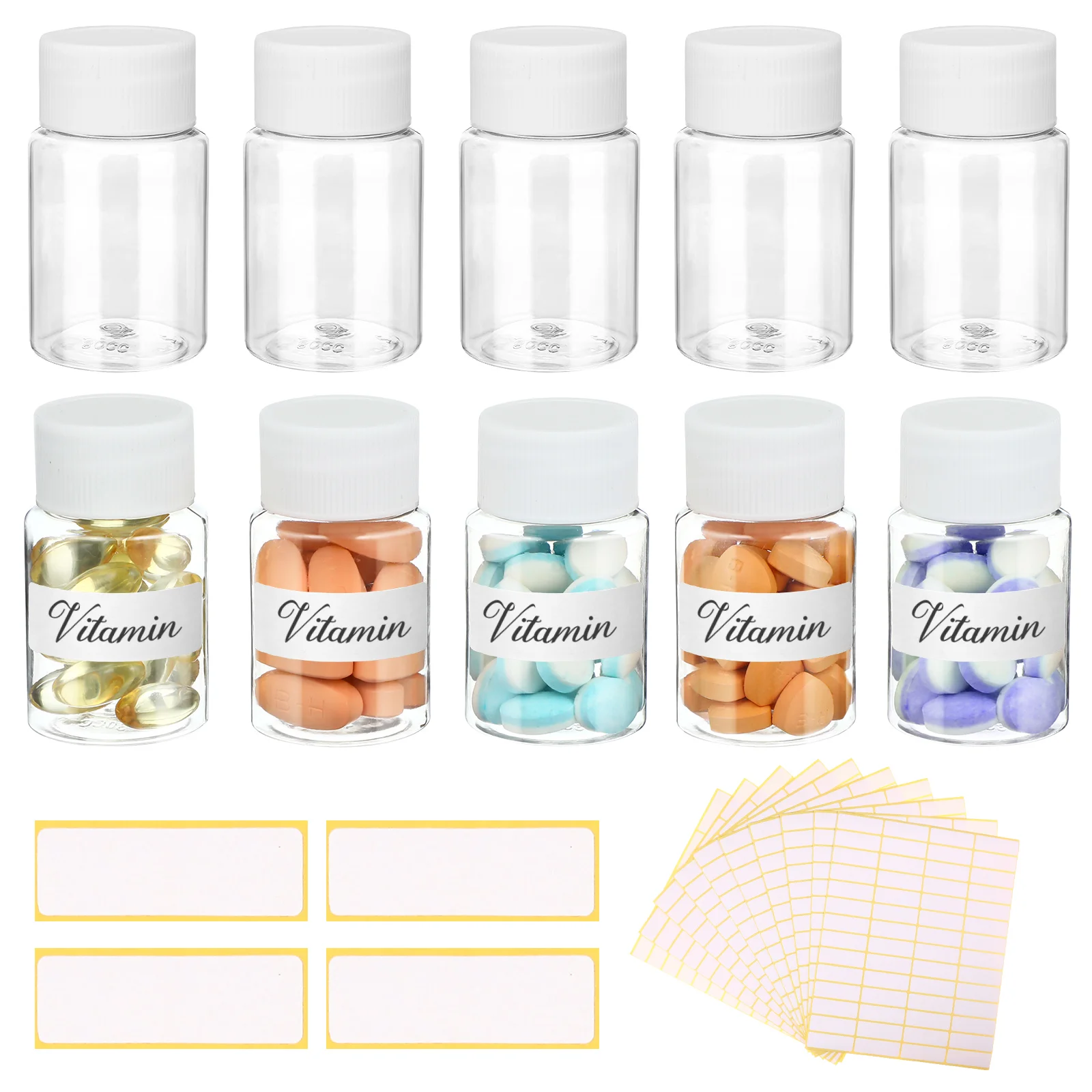 10Pcs Clear Pill Bottles 30ml Wide Mouth Type Medicine Empty Containers with Labels for Storing Liquid Solid Powder