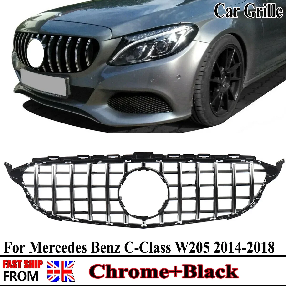 

GT STYLE Car Grille FOR MERCEDES Benz C CLASS W205 C205 C200d C250d C300d 2014 2015 2016 2017 2018 FRONT GRILLE BLACK CHROME