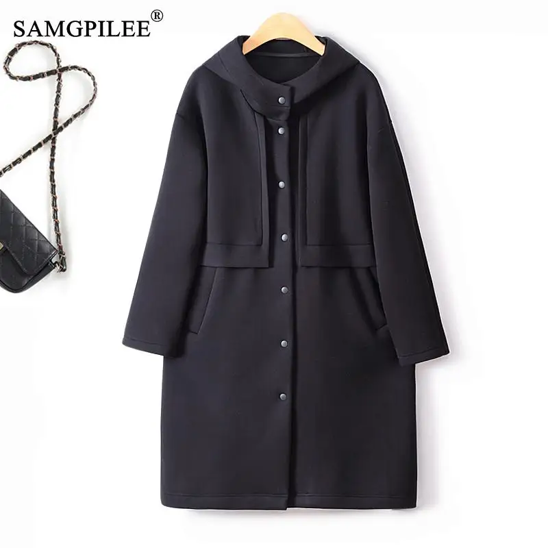 

Autumn Winter Trench Coat For Women 2023 Casual Single Breasted Hooded Space Cotton Solid Mid Length Windbreaker Commuter Jacket