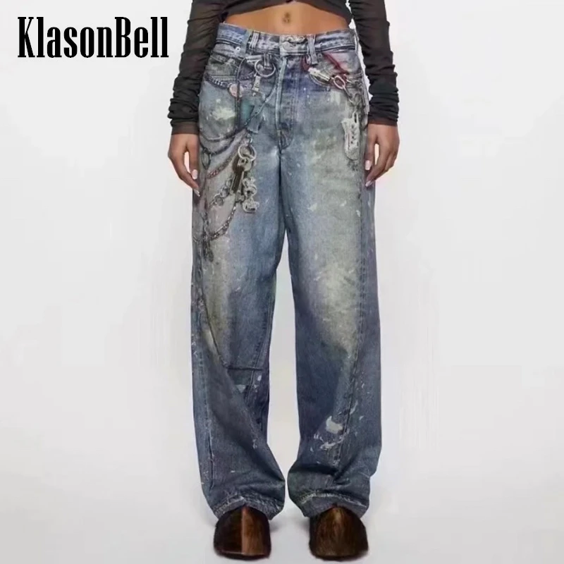 

6.11 KlasoneBll Women's Street Chic Distressed Chain Print Denim Full Pants High Waist Loose All-matches Casual Jeans