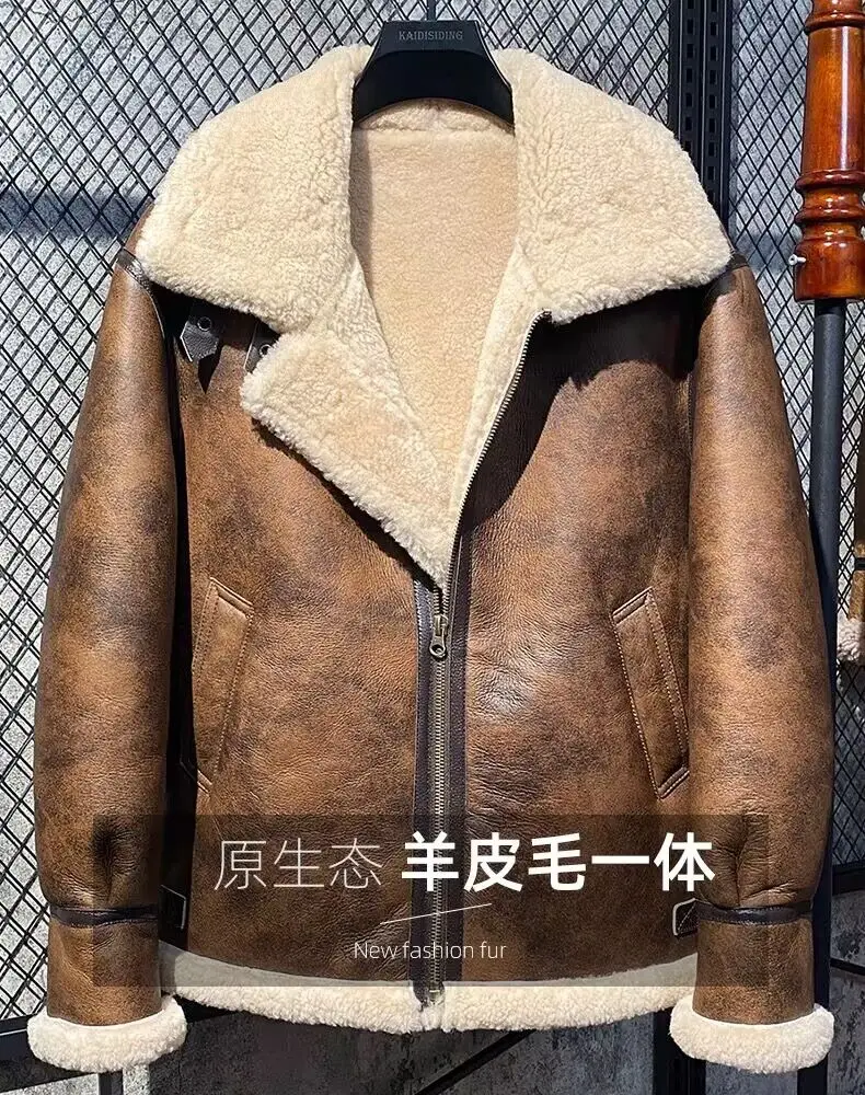 100% Man Natural Sheepskin Leather Coat for Male Winter Warm Clothes Genuine Shearling Jacket Wool Cashmere Liner Vintage Eur62