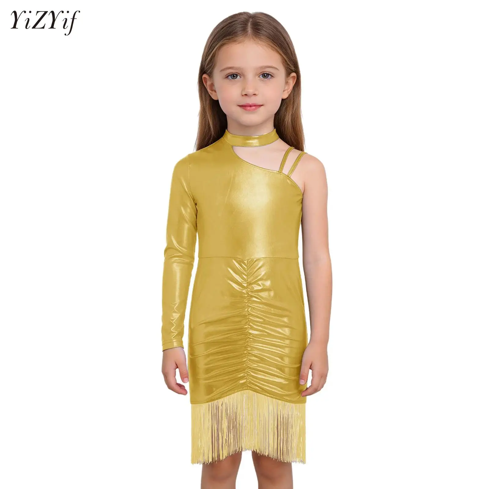 

Rumba Latin Dance Dress Girls Professional Tassels Ruched Salsa Tango Samba Costume Children Competition Ballroom Dance Dresses