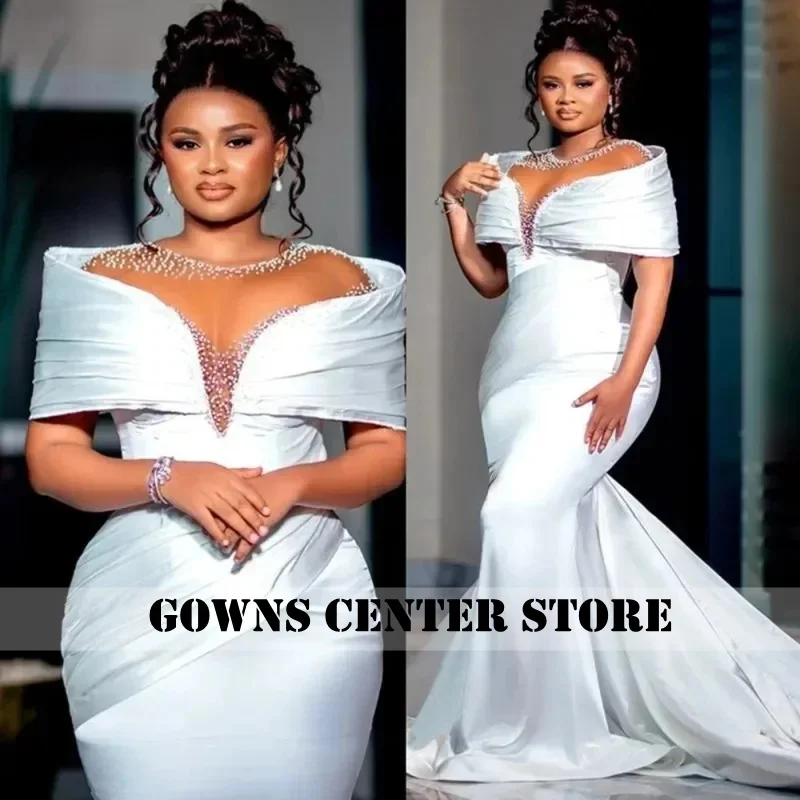 Luxury African Plus Size Mermaid Wedding Dresses Illusion Sheer Neck Pearl Off Shoulder Beaded Lace Bridal Gown Customized