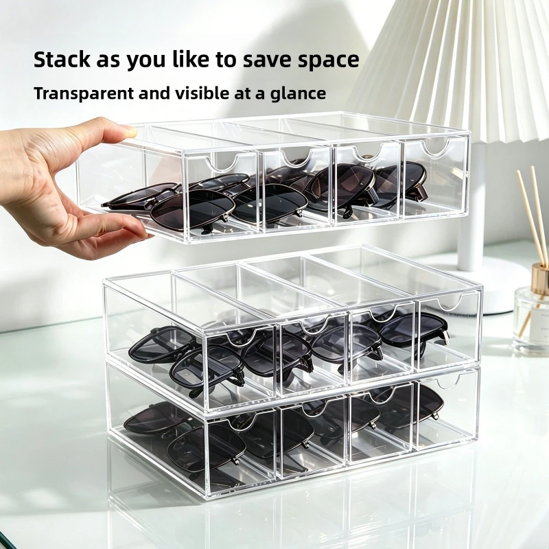 Contemporary Acrylic Sunglasses Display Stand with Multiple Drawers - Plastic Eyewear Organizer Box - Dustproof Tabletop Glasses