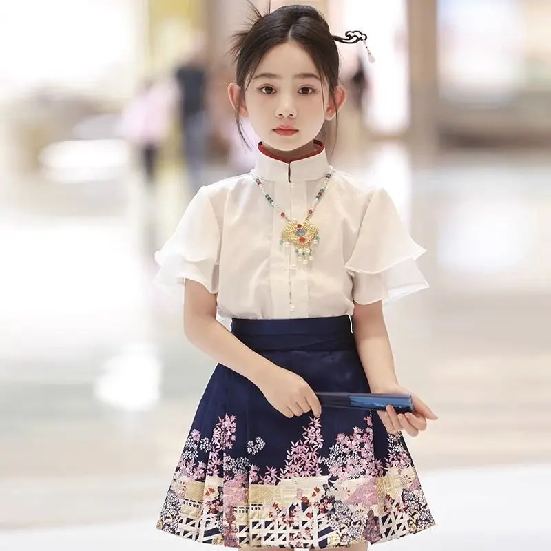 Girls' Chinese style horse face skirt set, summer improved Hanfu, ancient clothing, children's clothing, Ming made ancient style