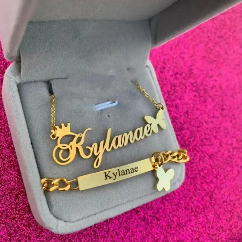 Custom Crown Butterfly Name Necklace Bracelet for Women Jewelry Stainles Steel Gold Color Nameplate Kids Set Best Gifts