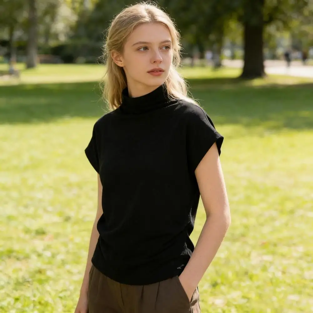 

Летняя женская футболка с воротником-стойкой, рукавами «летучая мышь», коротким рукавом, боковой сборкой, пуловер, мягкая однотонная свободная повседневная одежда