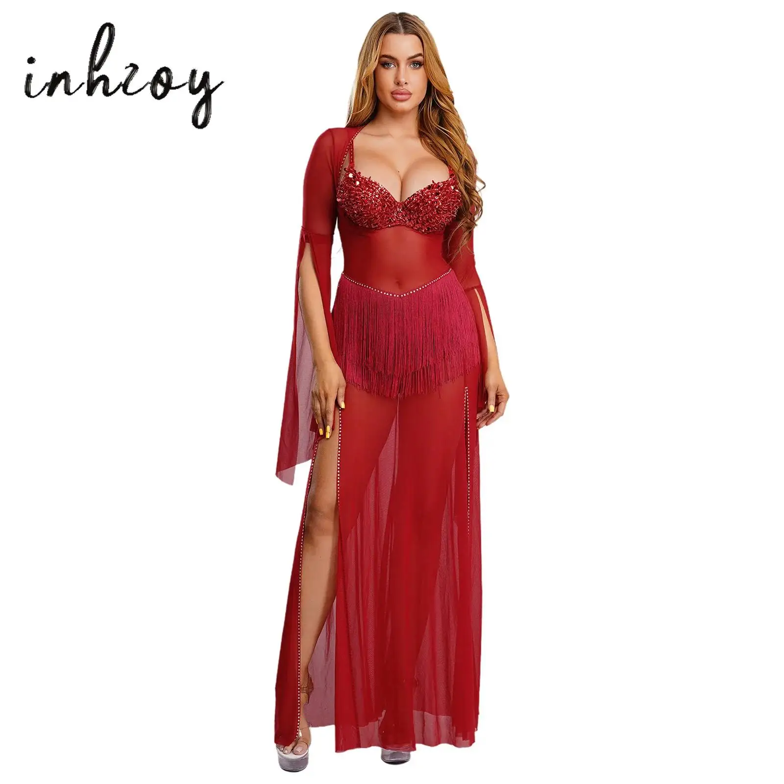 

Womens Egyptian Belly Dance Dress Bell Sleeve Tassel Waist Rhinestone Mesh Slit Hem Maxi Dress for Nightclub Belly Dancewear