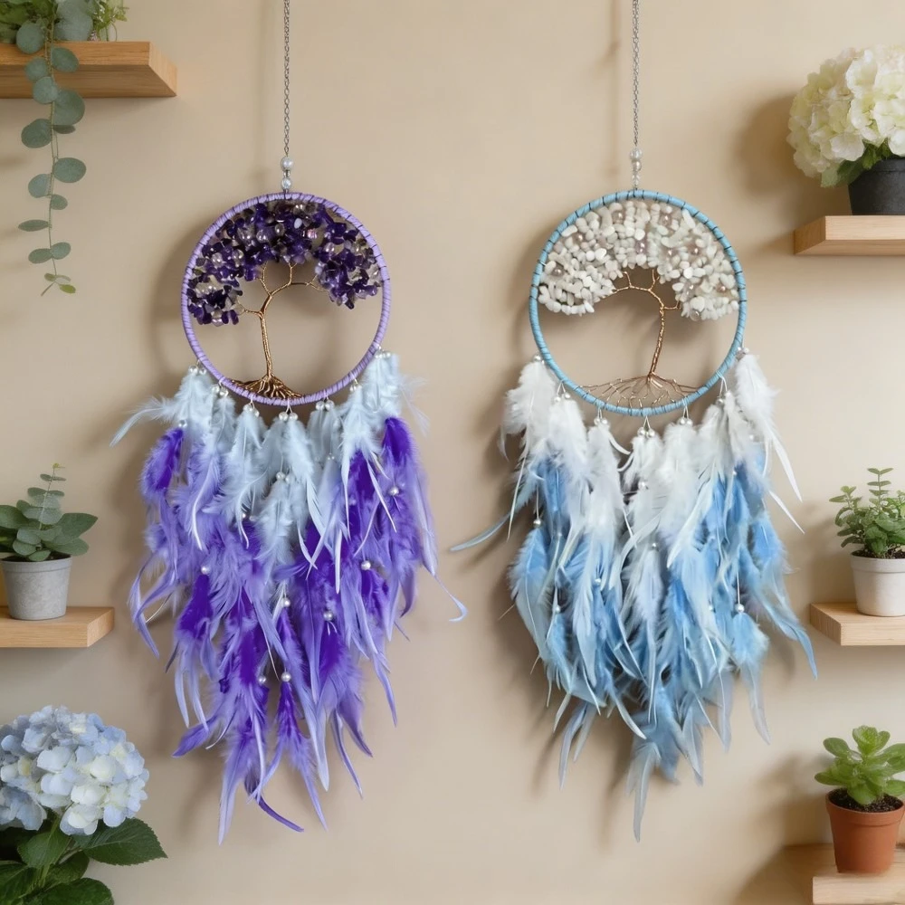 1 Pc Crystal Tree of Life Dreamcatcher, Purple Amethyst & Blue White Feather Wall Hanging, Bohemian Home Decoration for Wedding