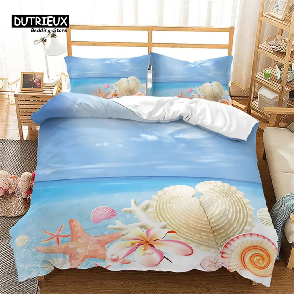 

Summer Beach Duvet Cover Hawaiian Vacation Style Seashell Starfish Bedding Set Microfiber Tropical Landscape Queen Quilt Cover