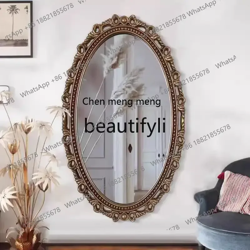 zq1Vintage oval dresser makeup mirror art bathroom mirror neoclassical carved decorative mirror American wall hanging
