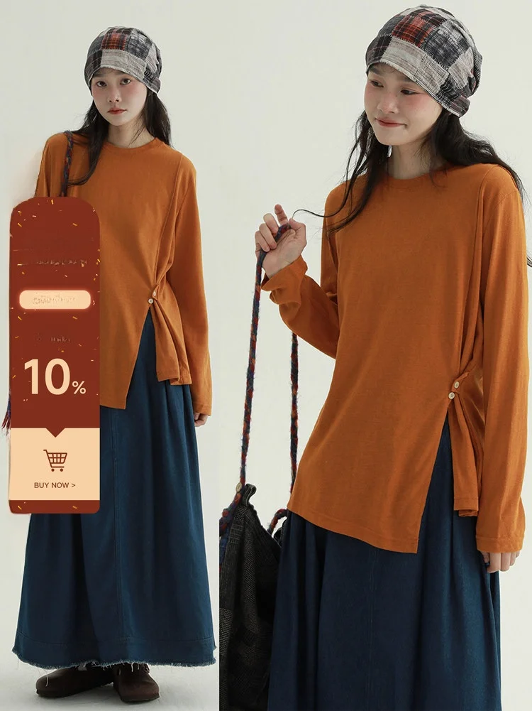 

Редкая удобная повседневная женская футболка Long Sve с разрезом на пуговицах, винтажная художественная простая уникальная хлопковая футболка для женщин