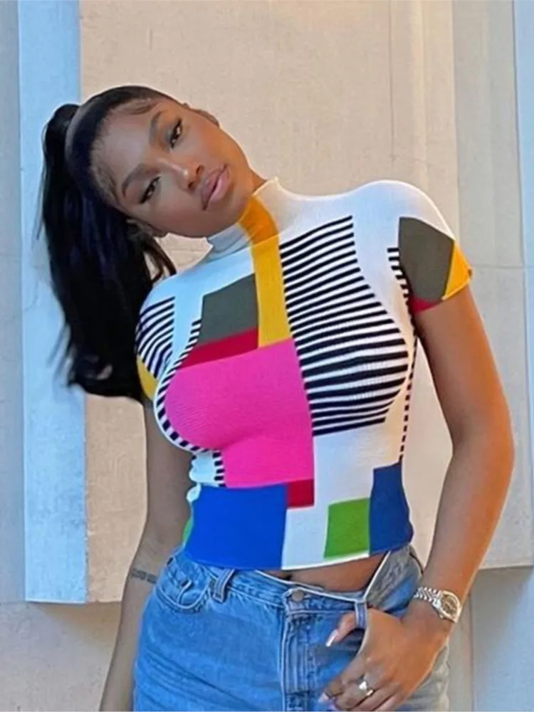 

2025 Bodycon blusas Color Colorful Short Sleeve Tops T Shirt Tees Pullover Half-high Collar Slim Trendy Fashion Casual Commuting