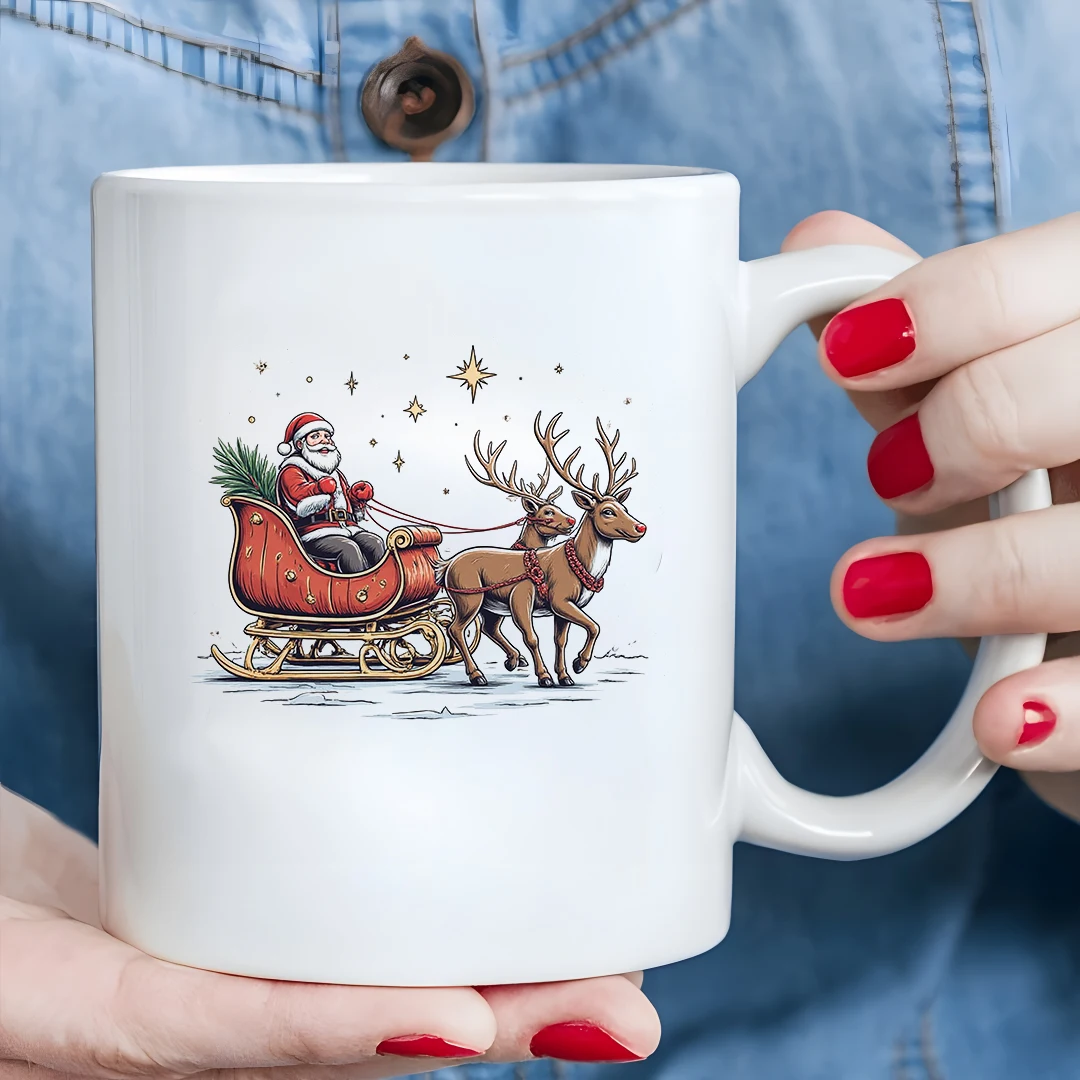 11온스 컵 + 산타클로스 썰매 만화 패턴 + 축제 분위기 컵 크리스마스 선물 어린이 컵 홈 오피스 커피 컵