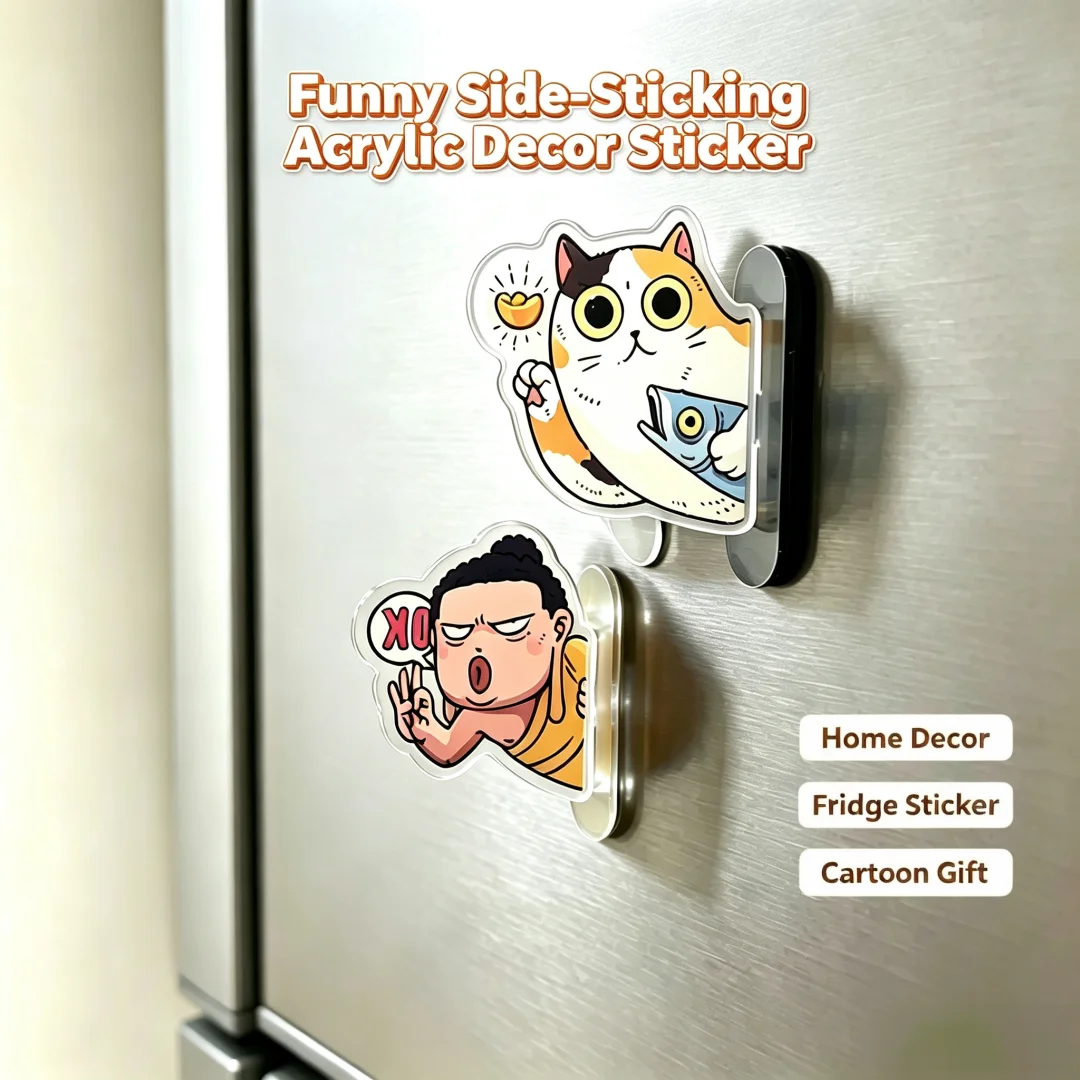 Funny Side‑Sticking Acrylic Decor, OK‑Gesture Buddha, Ingot‑Holding Fortune Cat, Home Side Mount Ornament with Dot Glue