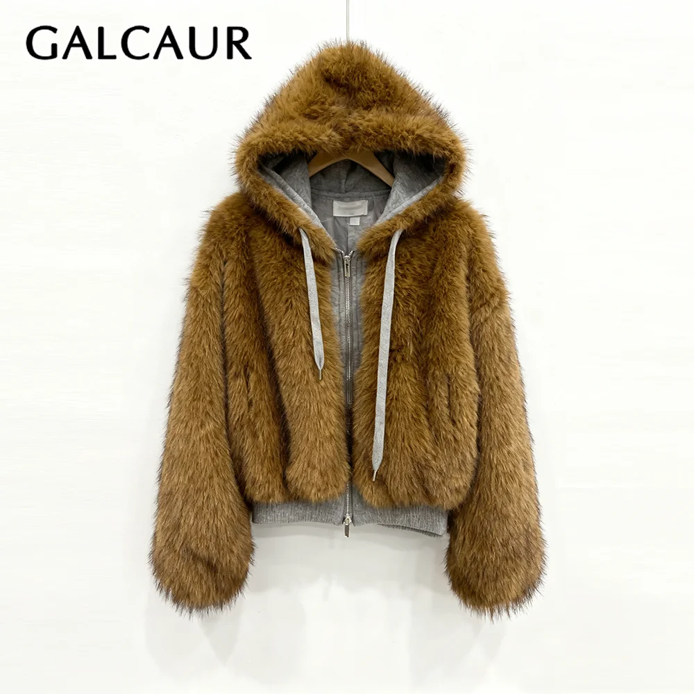 

GALCAUR Solid Spliced Fur Chic Jacket Female Hooded Long Sleeve Loose Patchwork Drawstring Streetwear Women's Jackets Fashion