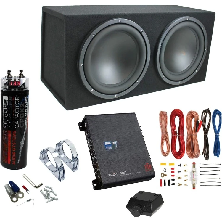 12 Inch 1200 Watt 4 Ohm Dual Loaded Car Audio Subwoofer Package with Sub Enclosure, 1100W Mono A/B Amplifier