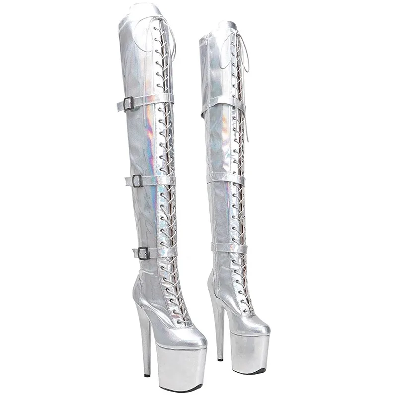 Lace Up Sexy Model Shows PU Upper 20CM/8Inch Women's Platform Party High Heels Shoes Pole Dance Thigh High Boots 262