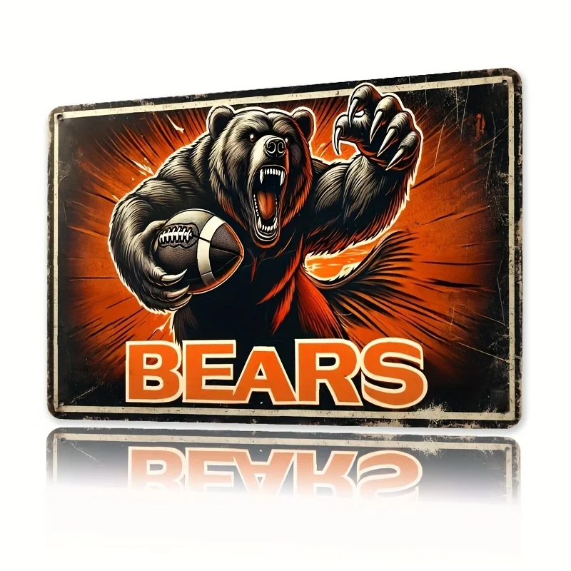 Retro Style Bear with Football Tin Sign - Rustic Iron Metal Wall Decor Featuring Aggressive Bear & Football Design, Perfect for