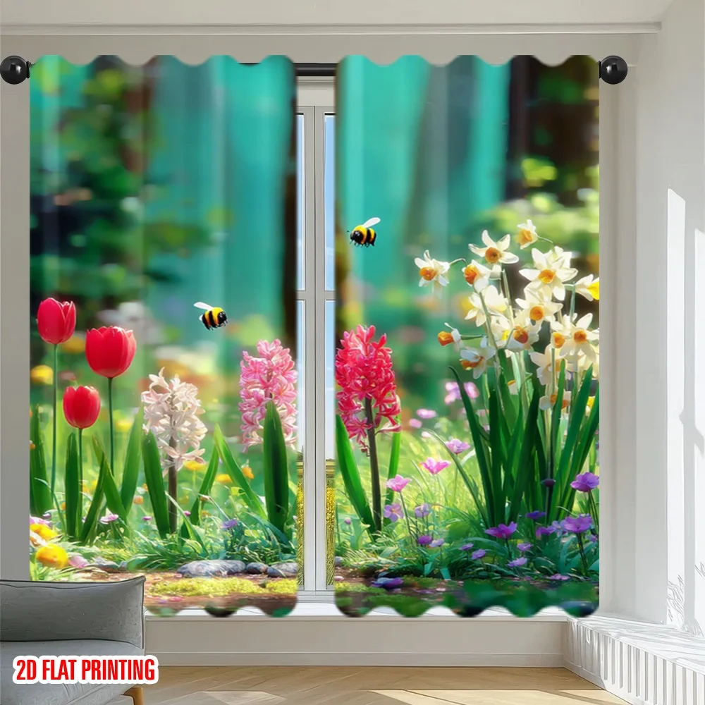 Natural Meadow Blackout Curtain Tulip Narcissus Bee Print Drape For Farmhouse Studio Warm Fresh Pastoral Home Window Decor