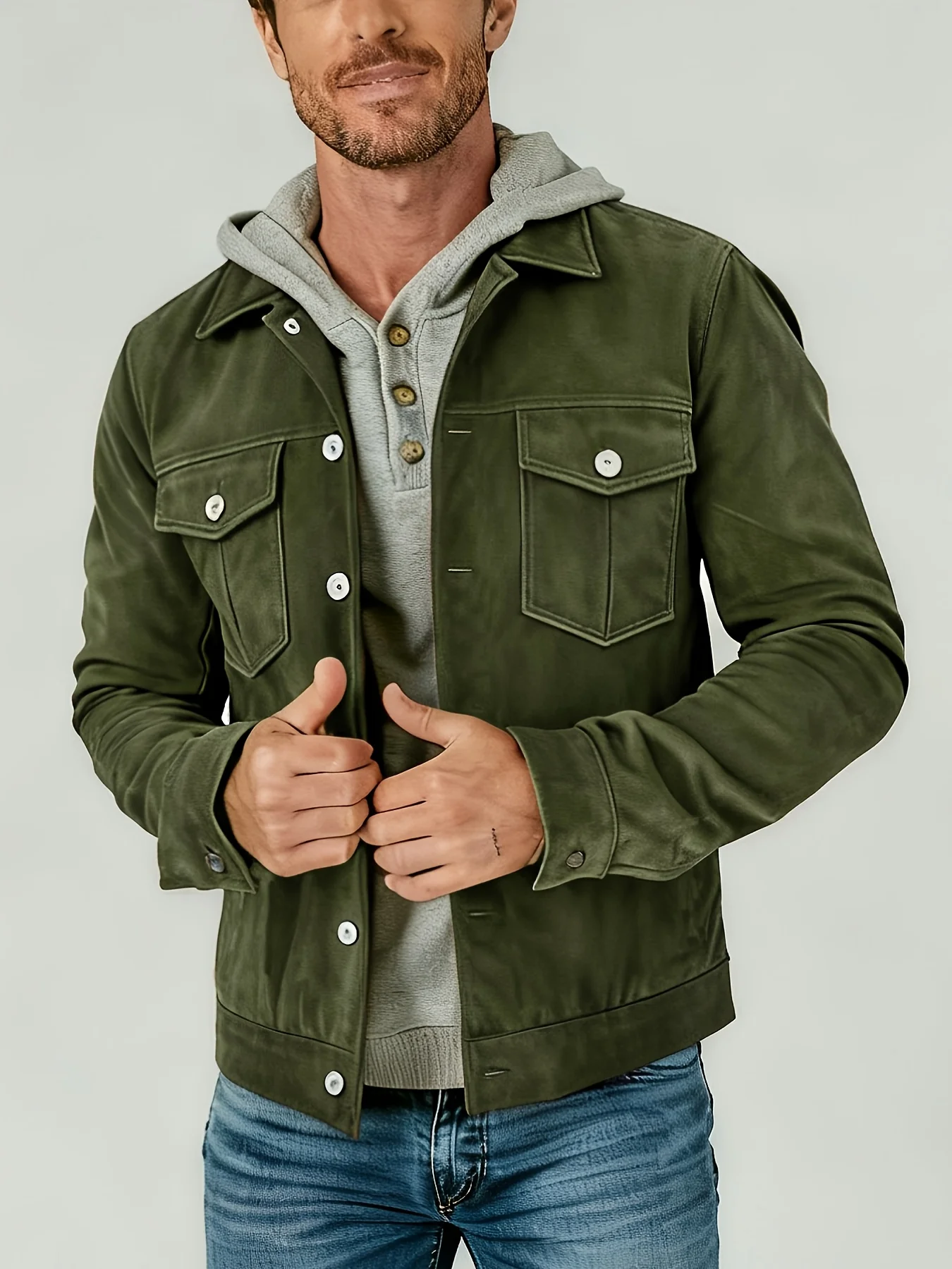 Men's Vintage Brown Suede Trucker Jacket Casual Lapel Button Down Long Sleeve Work Coat Classic Pocket Outdoor Daily Wear Outerw 5
