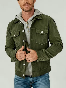 Men's Vintage Brown Suede Trucker Jacket Casual Lapel Button Down Long Sleeve Work Coat Classic Pocket Outdoor Daily Wear Outerw 5