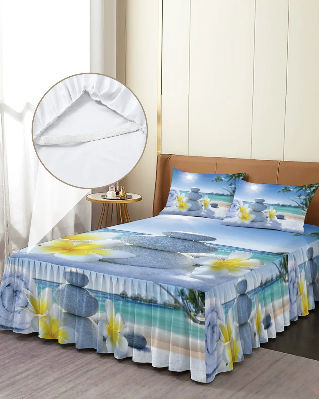 Zen Stones Flowers Tropical Ocean Bed Skirt Elastic Fitted Bedspread With Pillowcases Mattress Cover Bedding Set Bed Sheet