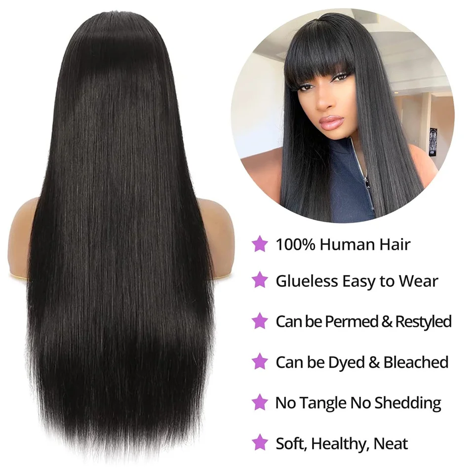 34inch Straight Lace Front Wigs With Bangs Density250 Can Be Dyed 13x4 Glueless Straight Lace Front Wig Human Hair Natural Color