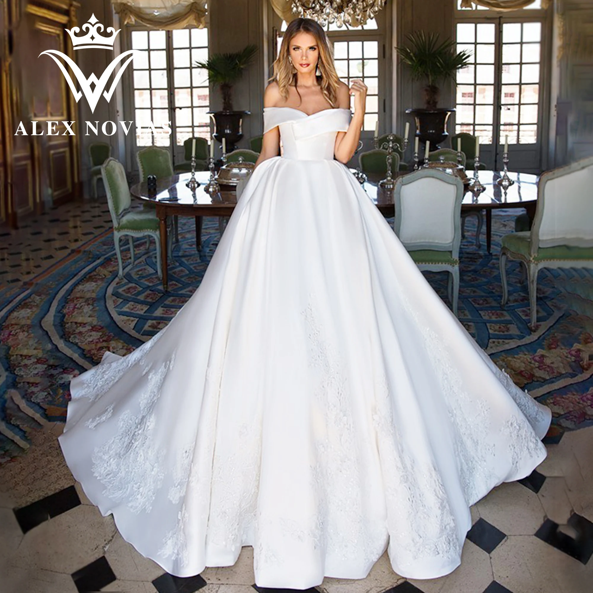 ALEX NOVIAS Ball Gown Satin Wedding Dress High Quality 2023 Classic Boat Neck Embroidery Wedding Gown Vestidos Novias De Saten