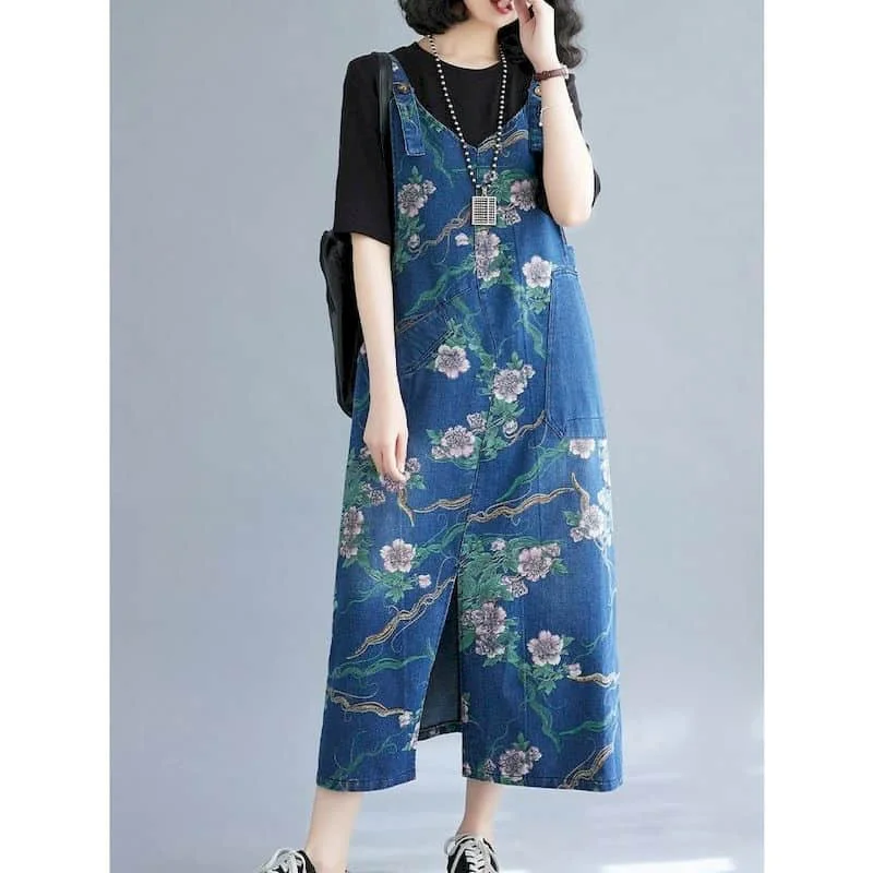 Denim Strap Dress for Women Floral Sleeveless Casual Loose Streetwear Fork Design Korean Style Oversized Vintage Mid-calf Dress