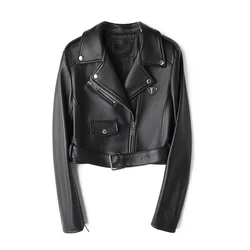 2024Genuine leather jacket for spring and autumn , new top layer lambskin short jacket for women's black motorcycle leather