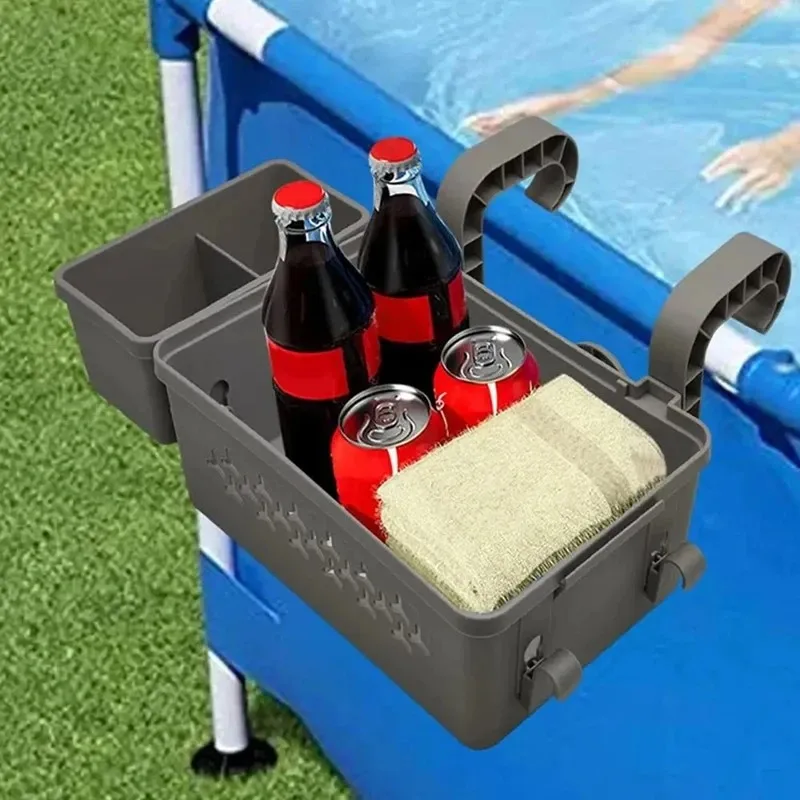 Poolside Storage Basket with Pool Cup Holder, Thickened Plastic Pool Basket for Above Ground Pool Accessories, Outdoor Swimming