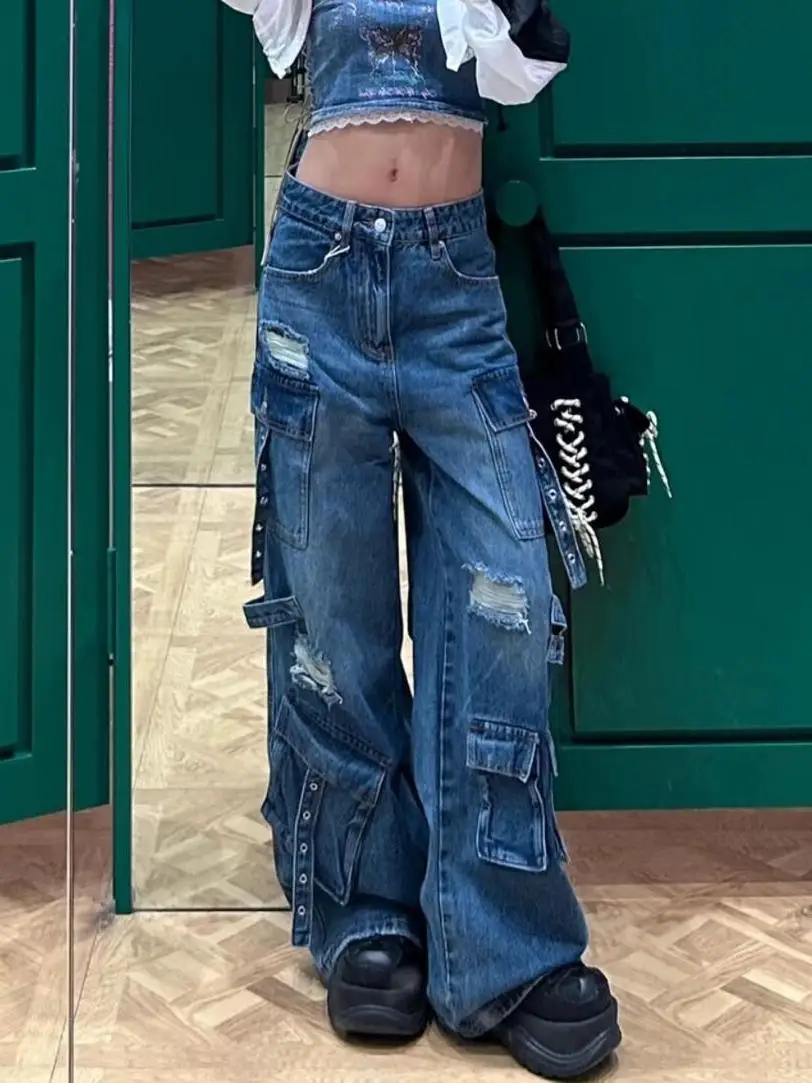 

Women Vintage Streetwear Ripped Cargo Jeans 2025 Autumn Mutil Pockets Y2K Baggy Denim Pants High Quality Wide Leg Trousers