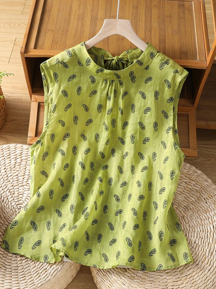 

Linen Avocado Green Cashew Flower Sleeveless Shirt plus Size Women's Knot Belt Loose Breathable Top Summer