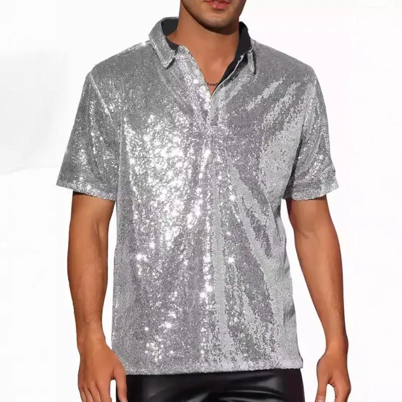 Vintage Disco Party Men Shiny Sequin Short Sleeve Polo Shirt Slim Fit Sexy Night Club Stage Stage Performance Costume Homme