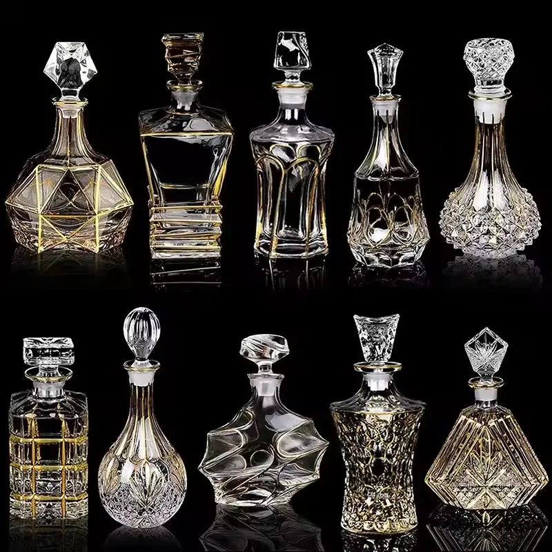 Luxury Crystal Glass Red Wine Decanter Foreign Wine Jug Drawing Gold Line Whisky Bottle Liquor Dispenser Wine Jug
