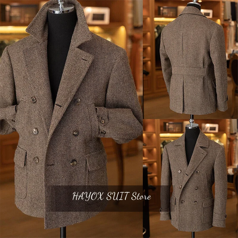 Men's Herringbone Jacket 2024 Spring New Elegant Fashion Comfortable Casual Suit Jacket Double Breasted Suit Collar Vintage