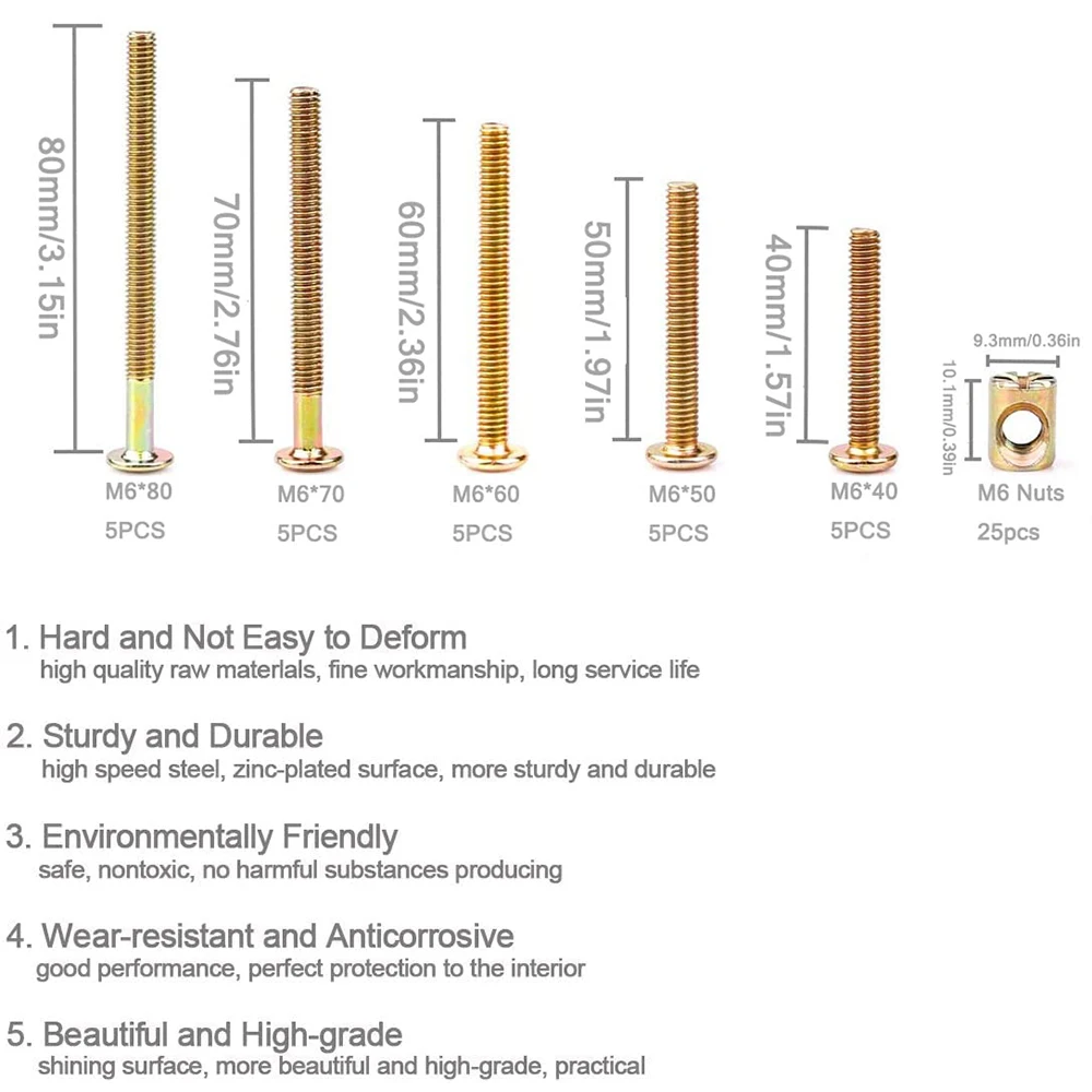 25-Set M6 Crib Screws Replacement Set, Delta Crib Screws Hex Socket Cap Bolts Barrel Nut Baby Bed Hardware Furniture Bolts