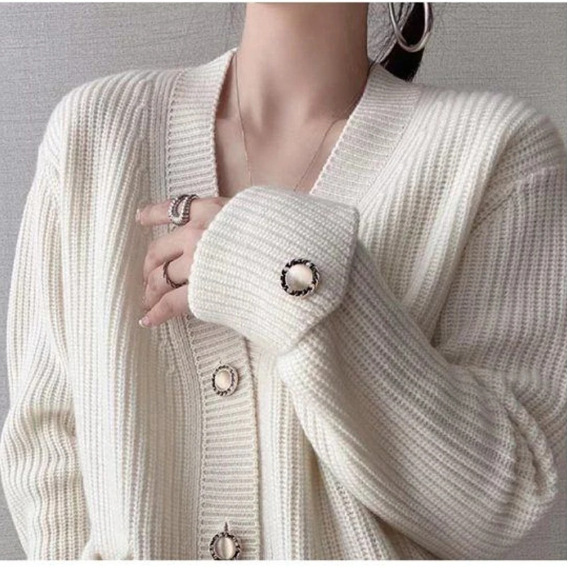 Autumn Button Pocket Knitted Cardigan Fashion Women Winter Casual Loose Coat Korean Tops Knit Sweater Outerwear Clothing 28347