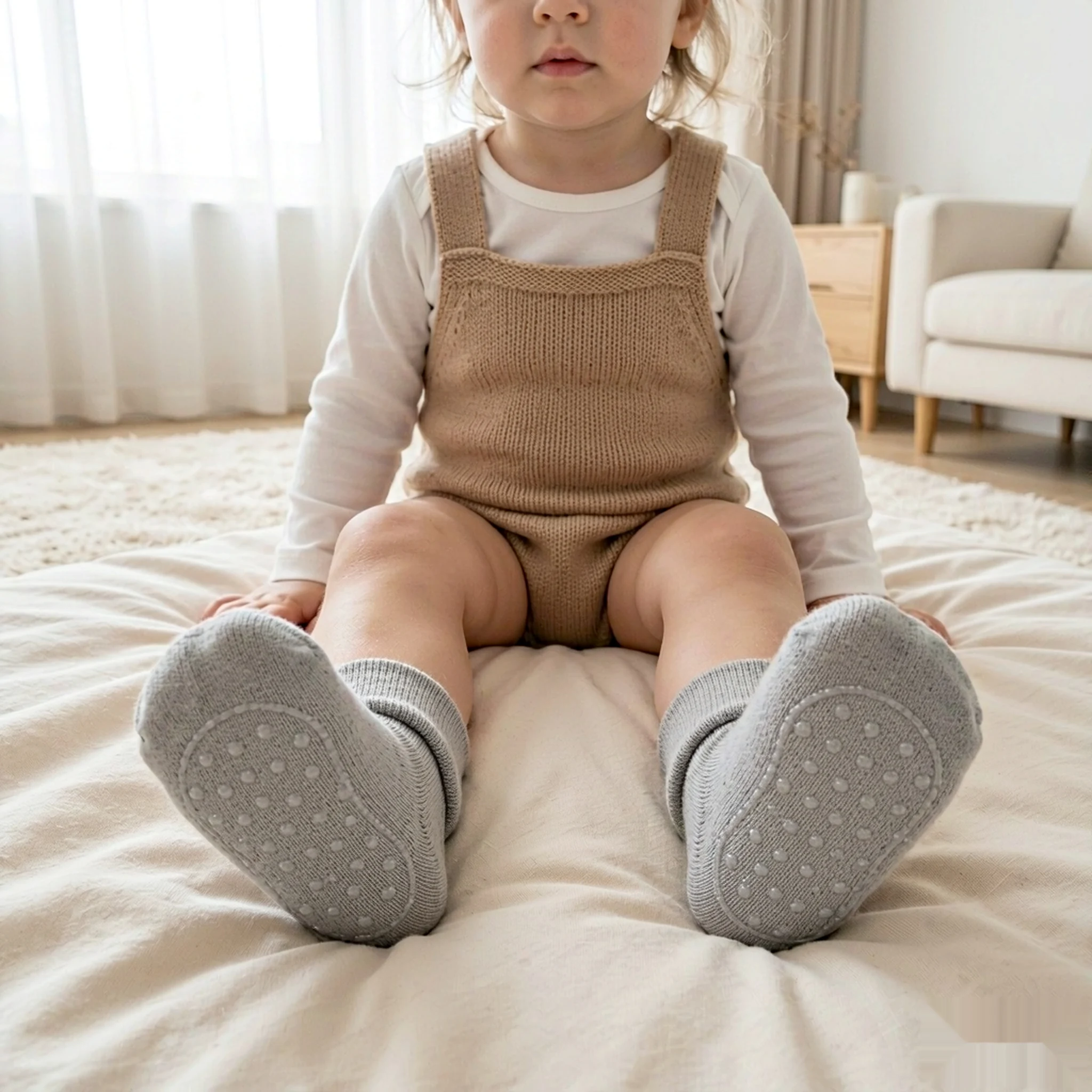 1Pair Classic Grey Terry Thickened Non-Slip Baby Socks, Fold-Over Cuff, Class A Combed Cotton for 0-3Y