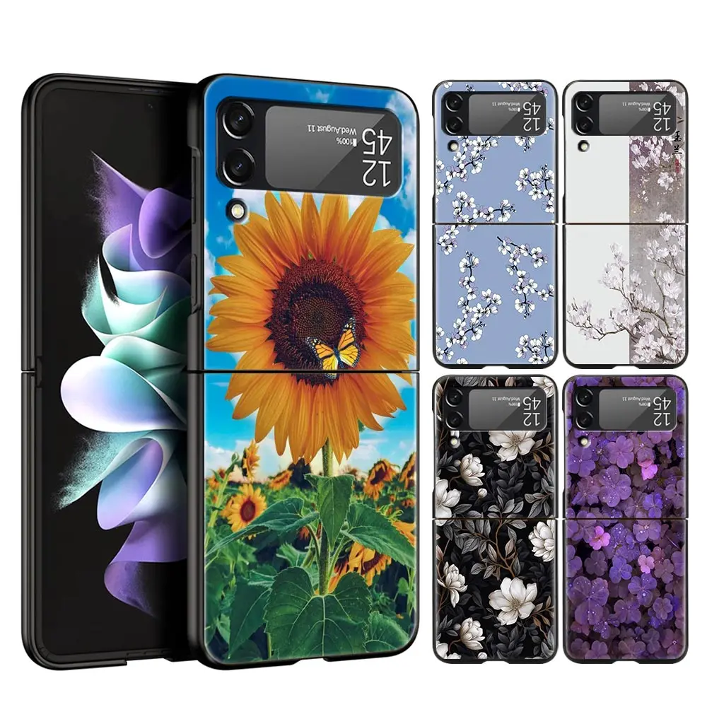 Phone Case For Samsung Galaxy Z Flip 3 4 5 Hard Black Folding PC Luxury For Samsung Z Flip3 Cover Protect Shell flower 12