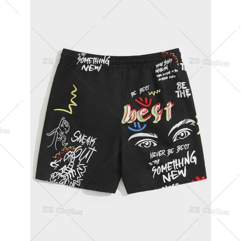 Men‘s Random Graffiti Black Beach Shorts Graphic Print Elastic Drawstring Waisted Casual Summer Shorts for Gym Workout Athletic